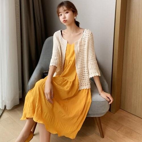 630# Maternity Clothes Stylish 2Pcs Maternity Nursing Dress Set Mid-Long Breastfeeding Pregnant Women Suit