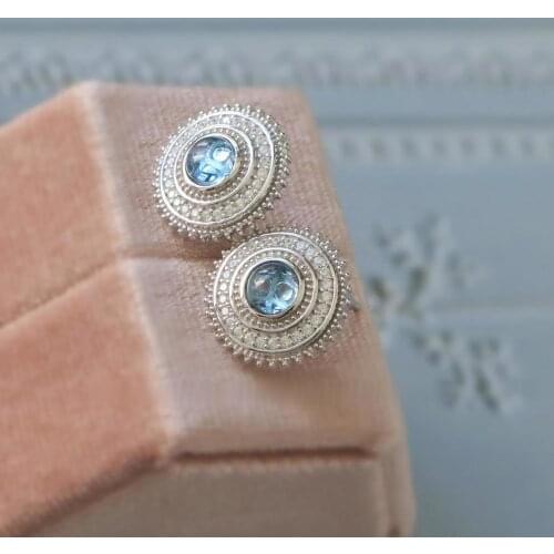 Original designer craftsmanship blue topaz earrings full of diamonds shining luxurious charm ladies silver jewelry