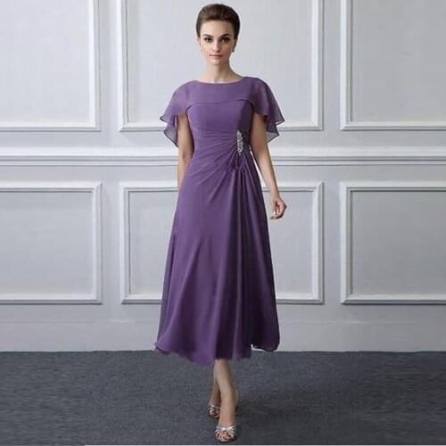 2021 Latest Affordable Purple Tea Length Chiffon Mother of the Bride Dresses Jewel Neckline Wedding of Groom Gowns Beaded