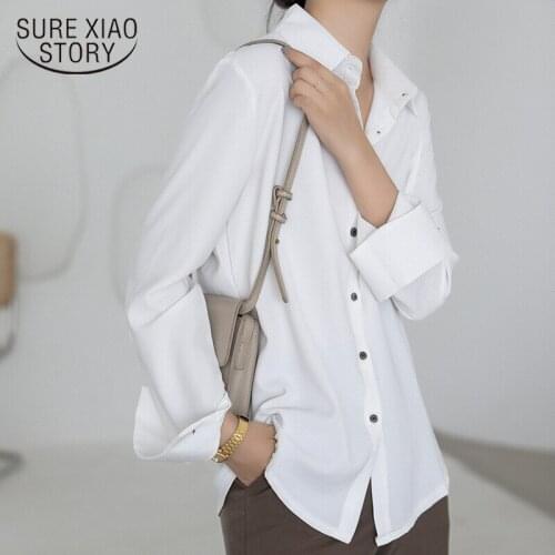 Plus Size White Long Sleeve Shirts Tops Ladies Elegant Korean Office Shirt Fashion Button Up Satin Silk Shirt Blouse Women 12473