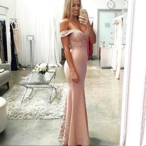 Blush Pink Mermaid Bridesmaid Dresses Off Shoulder Lace Top Backless Wedding Dress Special Occasion Dress Custom Made