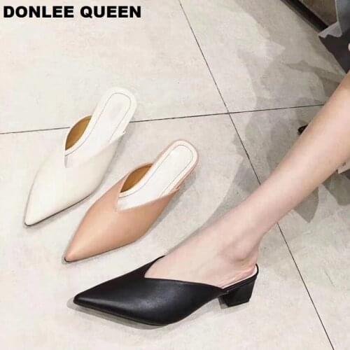 Women Slippers Female Low Heels Mule Shoes Women Slip On Outdoor Slides Pointed Toe Elegant Ladies Shoes Autumn Flip Flops Shoes