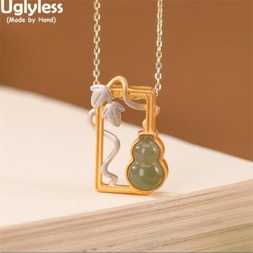 Uglyless Sprouted Gourd Pendants for Women Hollow Square Necklaces No Chain Natural Jade Gemstone Jewelry Eastern Beauty Grilles