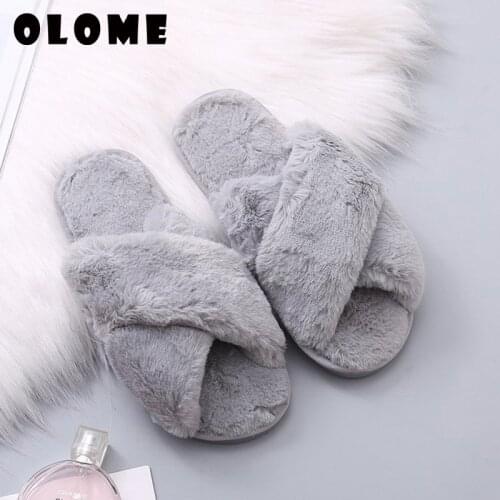 Women Shoes Winter Women Home Slippers with Faux Fur Fashion Warm Shoes Woman Slip on Flats Female Slides Black Pink Plus Size