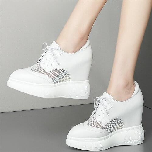 12cm High Heel Summer Creepers Women Lace Up Genuine Leather Wedges Ankle Boots Female Pointed Toe Fashion Sneakers Casual Shoes