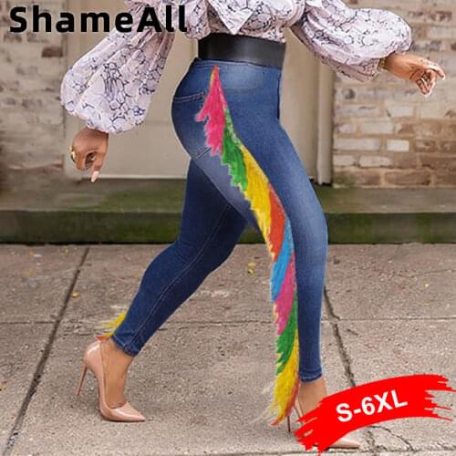 Plus Size Multicolor Tassel Patchwork Stretchy Skinny Jeans Indie 4XL Vintage Streetwear Distressed Bodycon Pencil Denim Pants