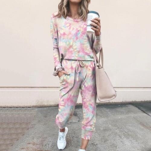 Autumn Female Printed Two-Piece Set Casual Long Sleeve O-Neck T-shirt + Drawstring Elastic Waist Pocket Pants Fashion Streetwear