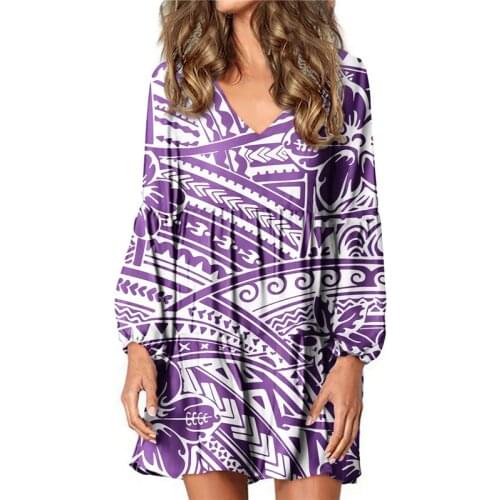 Hycool Women 2021 Trendy Plus Size Sexy V-Neck Lantern Sleeve Purple Dress Polynesian Tribal Print Women Loose Pregnant Dresses