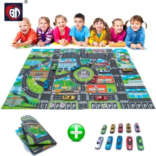 10Pcs Cars & 1Pcs Map 83*58CM City PARKING LOT Roadmap Alloy Toy Model Car Climbing Mats English Version Gifts for Kids