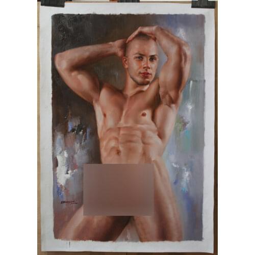 100%Handmade Hand-painted Fine art nude male original oil painting on canvas bareheaded men 24"x36"