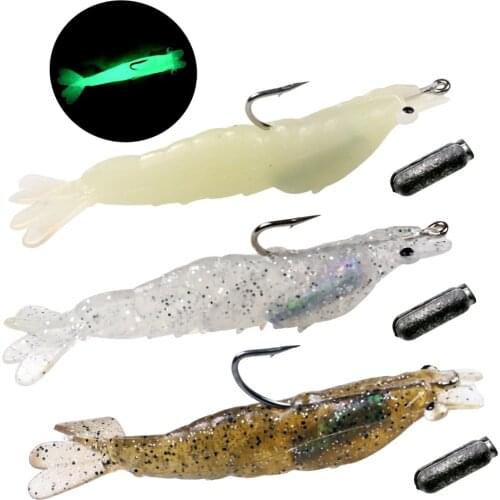 3Pcs Soft Fishing Lures Glow in the dark 7.6cm 6g Luminous Shrimp Artificial Bait With Hook & Lead Weights Bass Fishing Tackle