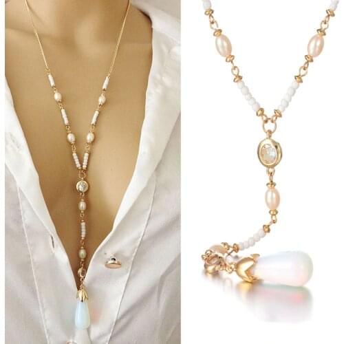 Fashion long Moonstone Pearl Pendant Necklace Chain bone chain women apparel accessories sweater chain wholesale