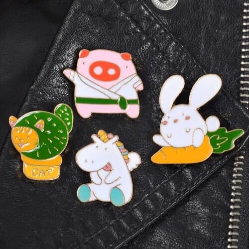 Cartoon Cute Animal Enamel Brooch Pin Carrot Rabbit Cactus Cat Samurai Pig Badge Decorative Jewelry Style Brooches For Women Men