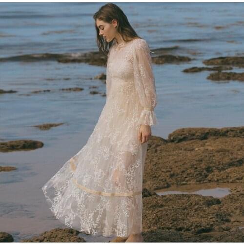 Design Women Original Spring Vintage Elegant Slim Long Translucent Sequin White Embroidery Mesh Dresses