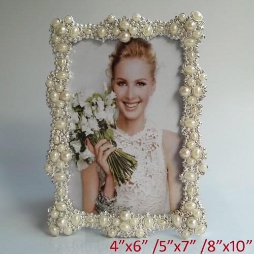 European Wedding Accents Shiny Silver Plating with White Pearls and Clear Rhinestone Jeweled 4x6,5x7,8x10 inch Metal Photo Frame