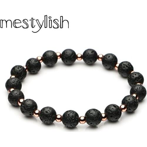 Mestylish Lastest Classic Natural Black Lava Rock Stone Beads Bracelet and Copper Spacer Beads Bracelet Fit Men&Women and Gift