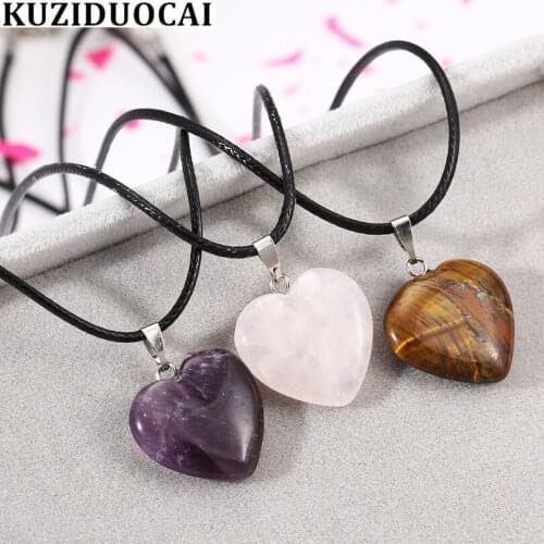 Kuziduocai New Fashion Jewelry Heart Quartz Crystal Leather Chain Necklaces & Pendant For Woman Lover Gifts Collier Colar N-508