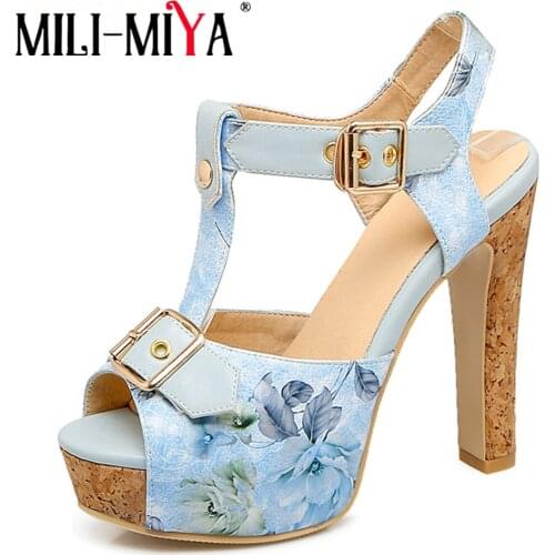 MILI-MIYA Popular Woman Sandals Pu Leather Buckle Printing High Heels Platform Shoes Summer Fashion Party Shoes Large Size 34-46