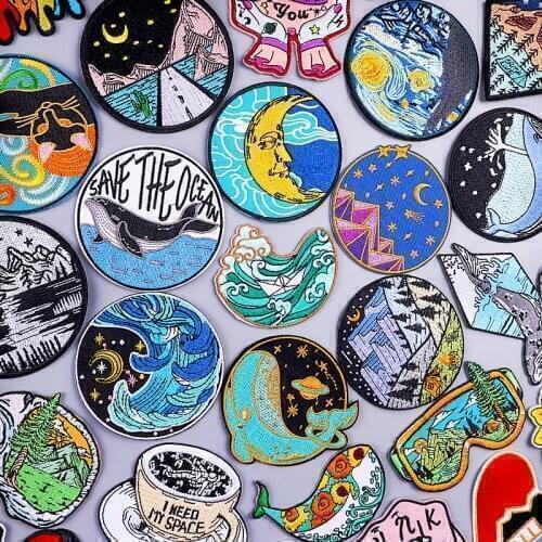 Wave Van Gogh Patches for Clothing Heart Ocean Anime Cute Animal Iron on Patches Outdoor Embroidery Applique On Clothes For Kids
