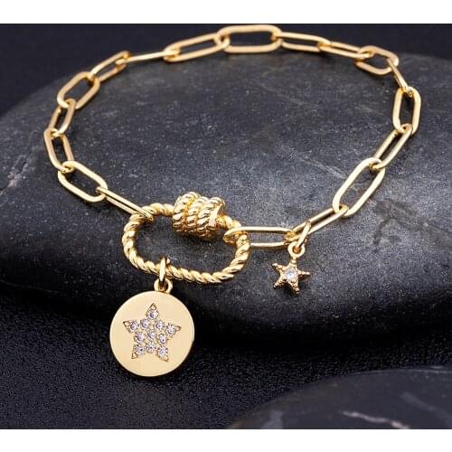 Micro Pave Crystal Star Bracelets Adjustable Lock Link Chain Jewelry Cubic Zirconia Charm Pendant For Women Girls Birthday Gift
