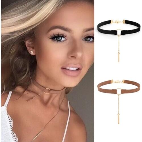 Punk New Sexy Leather Choker Necklace Gold Color Geometry with Round Ring Tassel Collar Necklace for Women Girls Jewelry