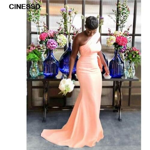 Peach Mermaid Bridesmaid Dresses for African Black Girl One Shoulder Long Satin Wedding Party Dress 2021 Women Formal Gowns