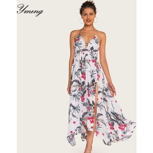 YMING Womens Summer Sexy Vestidos V-neck Strap High Waist Irregular Print Dress Beach Dresses Fashion Casual Swing Dresses