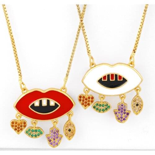 Multicolor Fatima Hand Red Lip Necklaces For Women Heart Evil Eye Necklaces Charm Pave CZ Zircon Rainbow Jewelry nkeq67