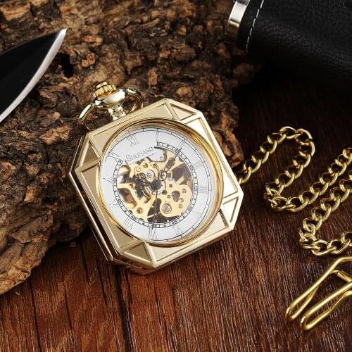 Luxury Gold Mechanical Pocket Watch Vintage Skeleton Golden Male Clock Hand Wind Square Necklace Watch Chain For Men Women Gift