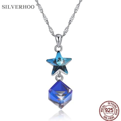 SILVERHOO Sterling Silver 925 Jewelry Star Necklace Womens Blue Square Austria Crystal Pendant Necklaces Valentines Day Gift