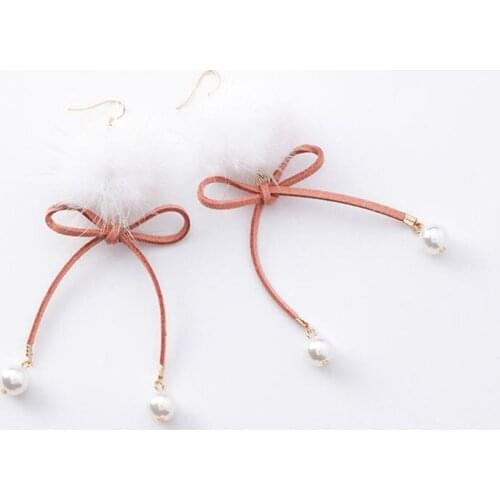 Lovely Girl Warm Breeze Fresh Sweet Bow Pearl Hair Ball Earrings Fashionable Fake Mink Feather Drop Earrings Jewelry Cute Trends