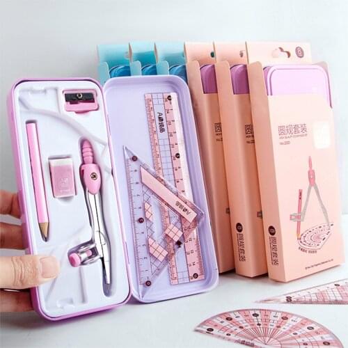 Standard Student Exam Compasses Ruler Mathematics Set High-end Fashion Blue Powder Iron Box Compasses Ruler Set
