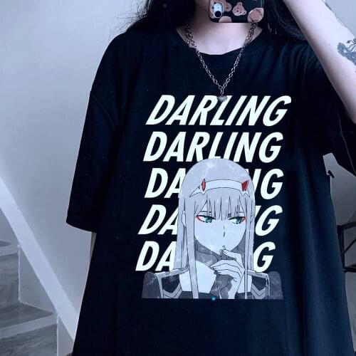 Darling in the Franxx Anime Tshirt Zero Two Cartoon Print Top Harajuku Oversize Women Cotton T-shirt Gothic Short sleeves SUNOWE
