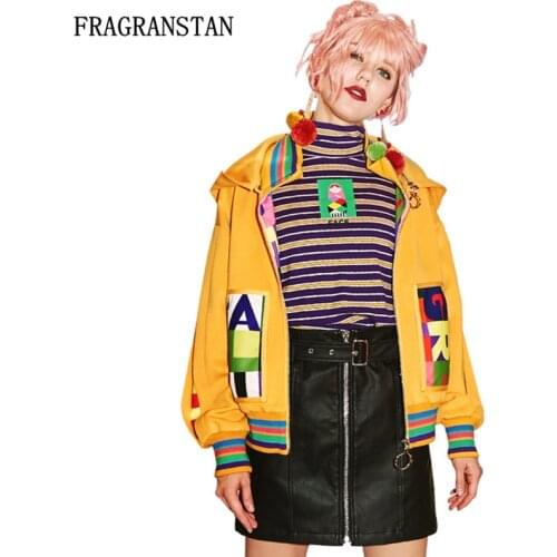 Female Spring Autumn Hooded Yellow Jacket Casual Loose Letter Striped Print Women Coat High Quality Long Sleeve Outerwear JQ781