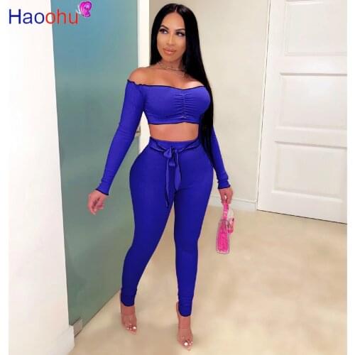 HAOOHU Women Sets Summer Tracksuits Striped Sportswear Off Shoulder Crop Tops Leggings Pants Suit Two Piece Set 2Pcs Outfits