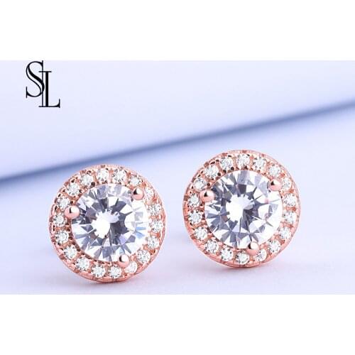 SL Luxury Female Small Round Stud Earrings Vintage 925 Sterling Silver Wedding Jewelry Zircon Stone Earrings For Women