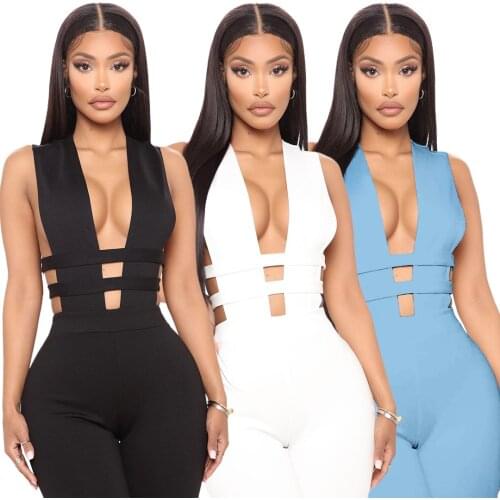 Womens Nightclub Solid Color Hollow Zipper Deep V-neck Sexy Jumpsuit Bodysuits Rompers Womens Jumpsuit