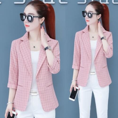 2021 Spring Autumn Office Ladies Plaid Blazer Seven point Sleeve Slim Coat Short Jacket Single Button Thin Women Blazers Female