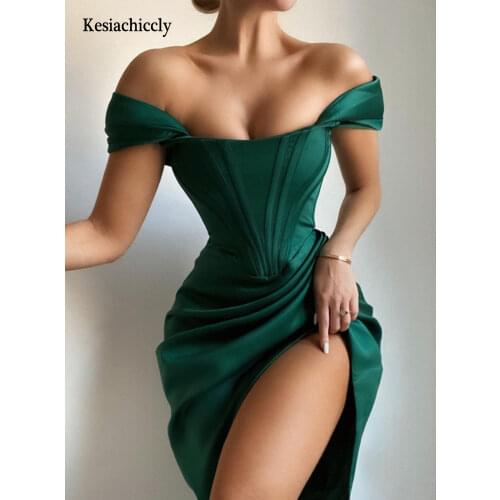 Kesiachiccly Ruched Party Night Club Bodycon Satin Dress Women Sleeveless Vintage Dresses Backless Off Shoulder Short Dress