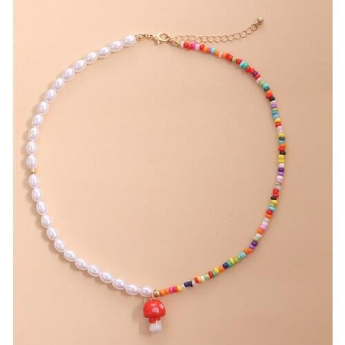 Women Necklace Colorful Beaded Ethnic Faux Pearl Mushroom Pendant Charm Necklace Choker Necklace Jewelry Accessories
