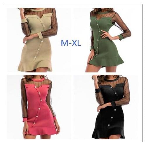 Womens Dress Autumn Fashion Slim Slimming Knit Stitching Mesh Long-sleeved Dress