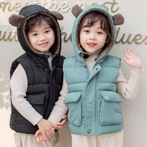 Autumn Winter Childrens Outer Wear Down Cotton Thickened Vest Baby Girls Boys Lamb Wool Warm Hooded Vest For Children Waistcoat