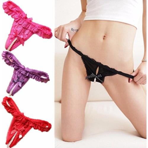 1PC 2Styles Sexy Women Pearl Elastic Lingerie Cotton G-String T-Back Chain Lace Panties Briefs Open Crotch Underwear thongs