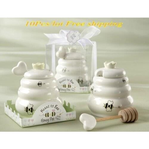10 Pieces/Lot Wedding favors of Meant to Bee Ceramic Honey Pot with Wooden Dipper for cheapest birthday gift and Baby souvenirs