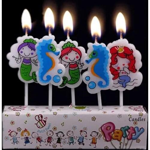 5Pcs/Pack Cute Mermaids Shape Candles Creative Craft Colored Birthday Party Cartoon Candle No Smoke Cake Baking Decoration Girls