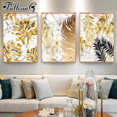FULLCANG 5d diy diamond embroidery nordic plants golden leaf diamond painting triptych full square round drill home decor FC2221