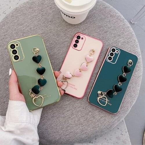 Luxury Plating Wrist Strap Soft Case For Samsung Galaxy A32 4G A51 A71 A02 A50 A21S A31 A52 A72 Love Heart Chain Bracelet Cover