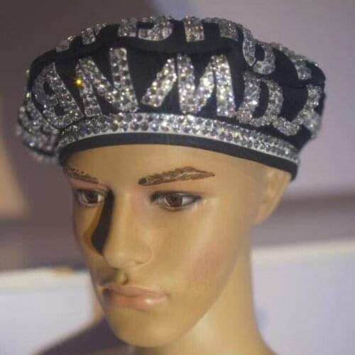 Black Shiny Rhinestones Hat Crystal Cap Bar Nightclub Party Male Female Singer Stage Performance Costume Accessories far women