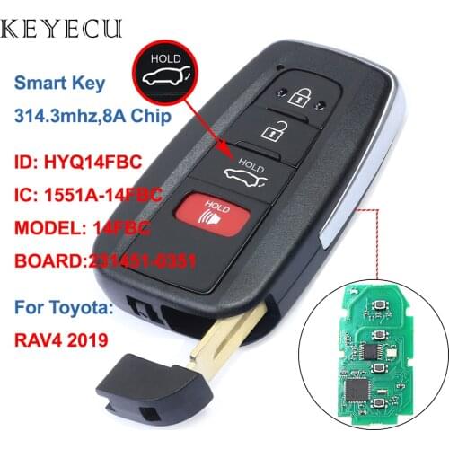 Keyecu 4 Buttons Smart Proximity Remote Car Key Fob 314.3MHz 8A Chip for Toyota RAV4 2019, FCC: HYQ14FBC, 231451-0351