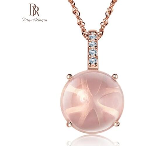 Bague Ringen New Simple Temperament Ross quartz Silver 925 Jewelry Rose Gold Color Necklace for Women Round Pendant Female gift